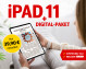 Frau sitzt auf einem Sofa und hält ein iPad 11, das die Zeitung 'Wolfenbütteler Zeitung' zeigt. Angebot: Digital-Paket für 39,90 Euro monatlich.